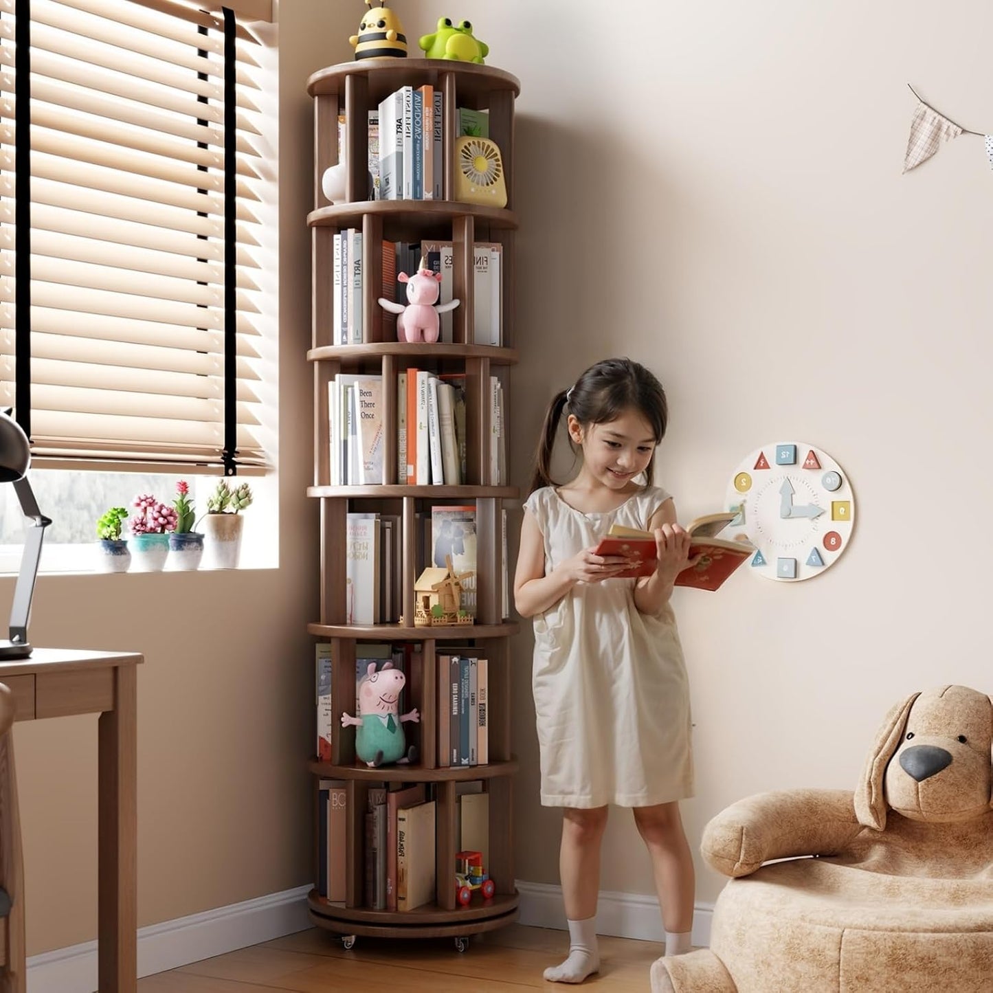 Solid Wood Rotating Bookshelf on Wheels, 6 Tier, Round Revolving Bookcase, 360° Spinning Book Shelf Tower for Kids, Narrow Rolling Bookshelves for Small Space, Corner, Bedroom, Office, Walnut