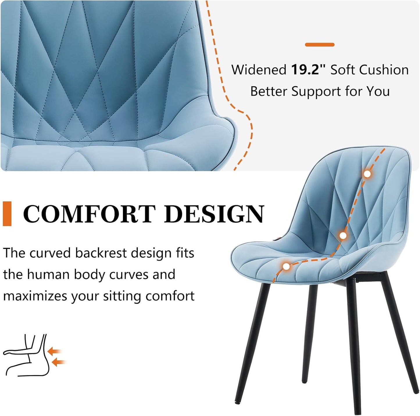 Rowill Dining Chairs Set of 2 Modern Kitchen Chairs with Soft Backrest, Sturdy Metal Legs & Non-Slip Pads, Suitable for Home Kitchen, Faux Leather Upholstered Seats for Dining Room, Blue