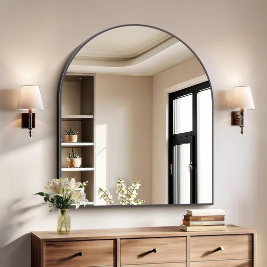 Black Arch Mirror, 30’’x36’’ Black Mirror for Bathroom, Wide Arched Bathroom Mirror with Metal Wall Mounted Mirror for Bedroom Living Room Entryway Modern