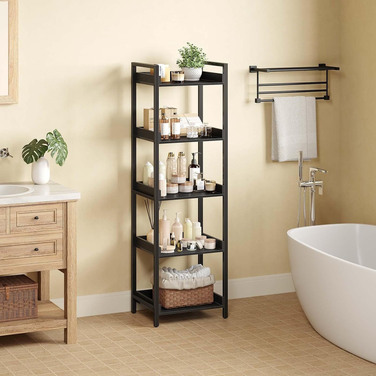 Rolanstar Bookshelf, 5-Tier Storage Rack, Narrow Corner Bookshelf, Display Wooden Shelves for Living Room, Bathroom, Balcony, Kitchen,Black