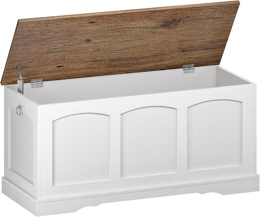 39.4" Storage Chest Bench with Lift Lid, Toy Chest with Safety Hinge, Entryway Shoe Bench, Wooden Storage Trunk, Holds up to 220 lb, for Living Room, Bedroom, Hall, White and Walnut MCW12WL