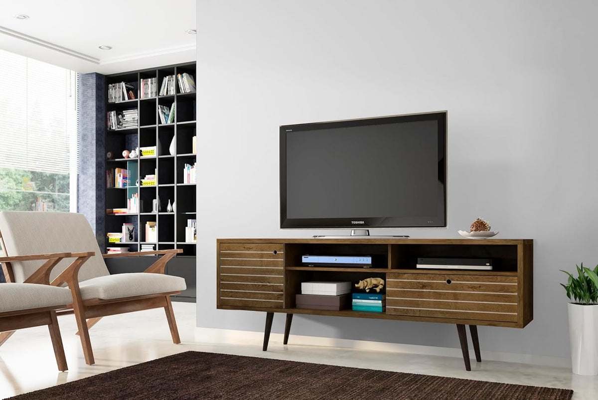 Manhattan Comfort Liberty Collection Mid Century Modern TV Stand With Three Shelves and Two Cabinets With Splayed Legs, Wood, Rustic Brown, Large (202AMC9)