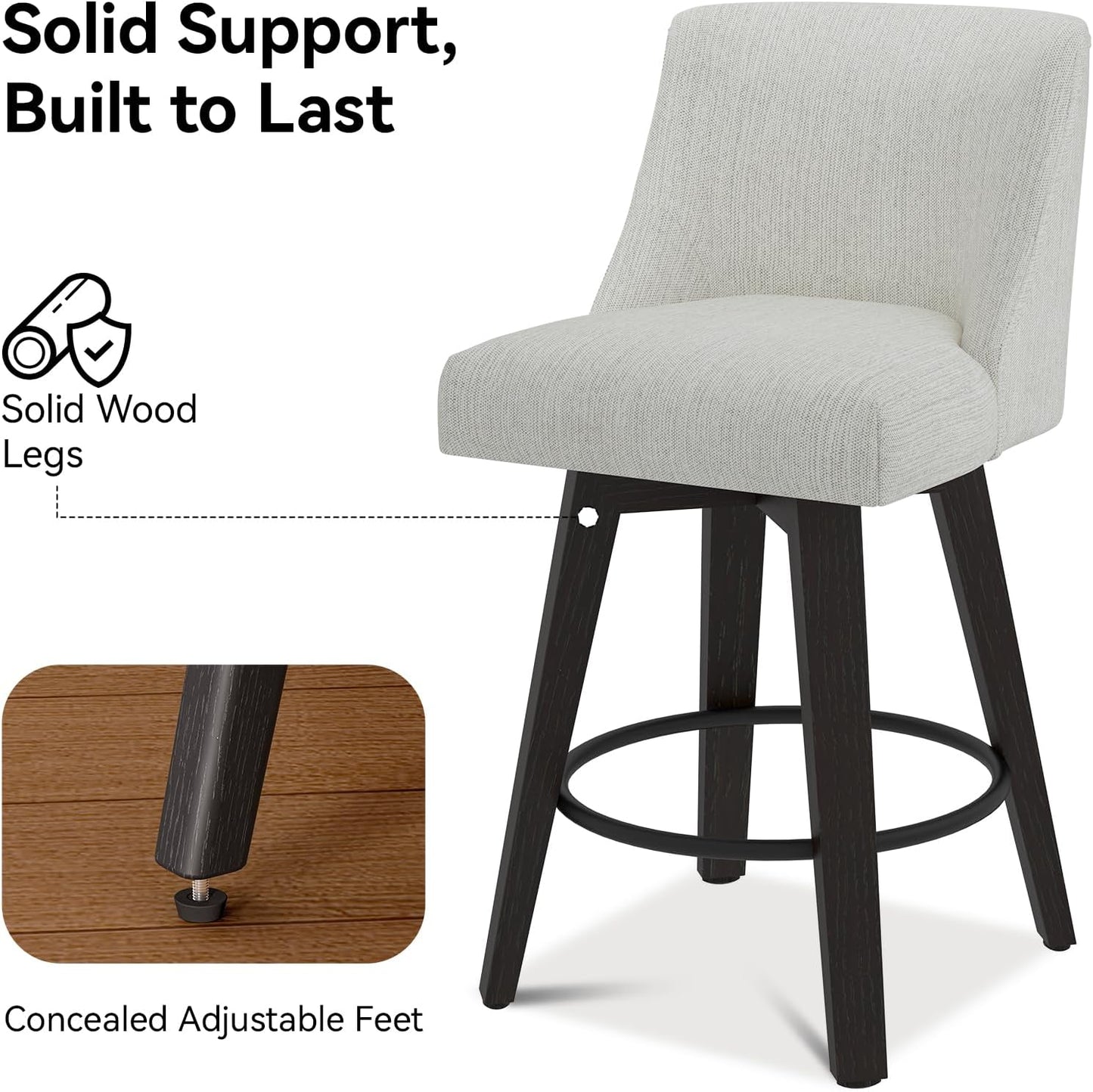 Counter Height Swivel Bar Stools Set of 6, 26 Inch Bar Stools with Footrest, Linen Fabric Upholstered Barstools with Back and Solid Wood Legs for Kitchen Island, Dining Room,Pub,White
