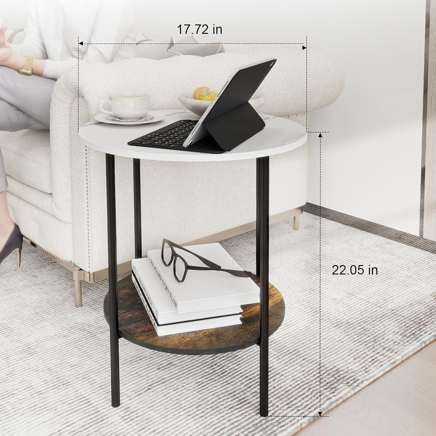 End Tables Living Room - Sturdy SideTable with Metal Frame, Modern Small Sofa & Bedside Table,Multi-Functional Round Coffee Table for Bedroom, Balcony, Sofa, Gym,Office