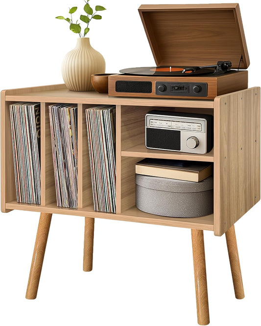 Record Player Stand with Vinyl Storage, Wooden Record Player Table with 5 Cabinet, Large Vinyl Record Player Stand, Record Player Holder, Record Player Shelf for Office Living Room, Oak