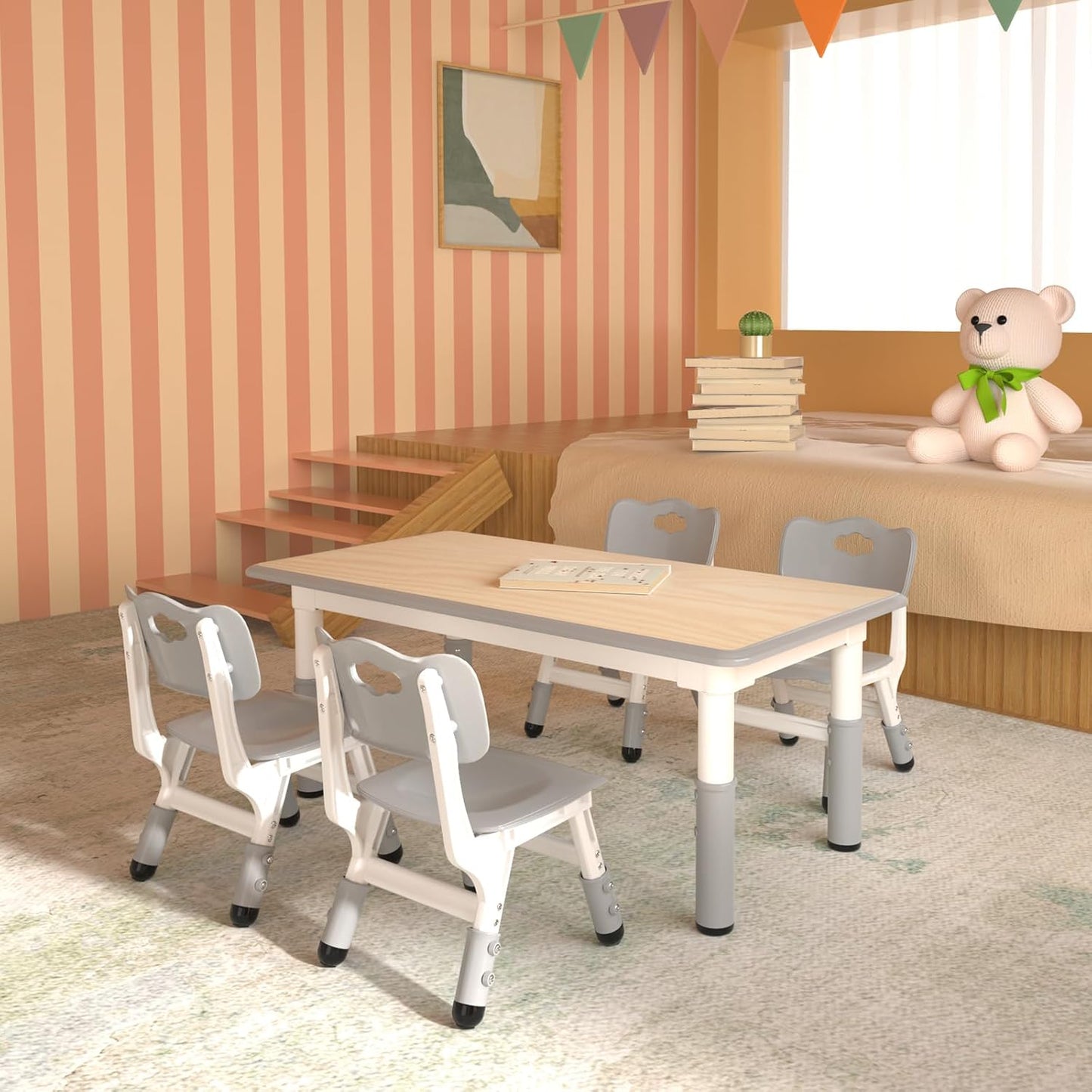 Kids Table and 4 Chairs Set，Height Adjustable Children Table & Chair，Toddlers Study Multi-Activity Table with 47.2"x23.6" Wipe-Clean Desktop，for Classrooms, Homes & Daycares