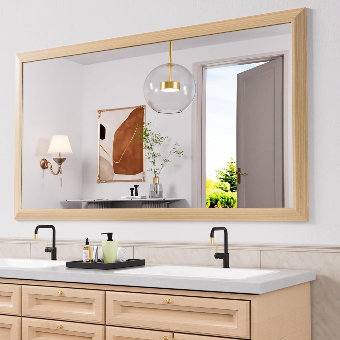 Amorho 72 X32 Inch Bathroom Mirror for Wall, Oak Wood Grain Metal Framed Mirror, Anti-Rust, Hang Horizontally/Vertically, Suitable for Bedroom, Farmhouse, Bathroom, Decorative