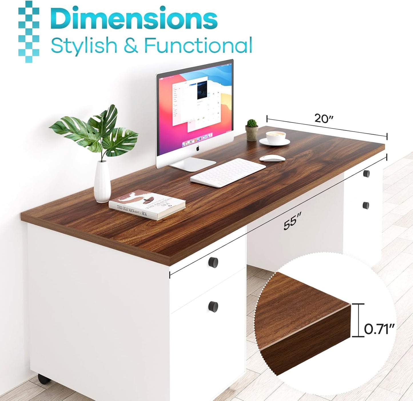 Kaboon Universal Tabletop 55"x20", Solid One-Piece Melamine Table Top, Double Desk L-Desk DIY, Home and Office, Dark Walnut