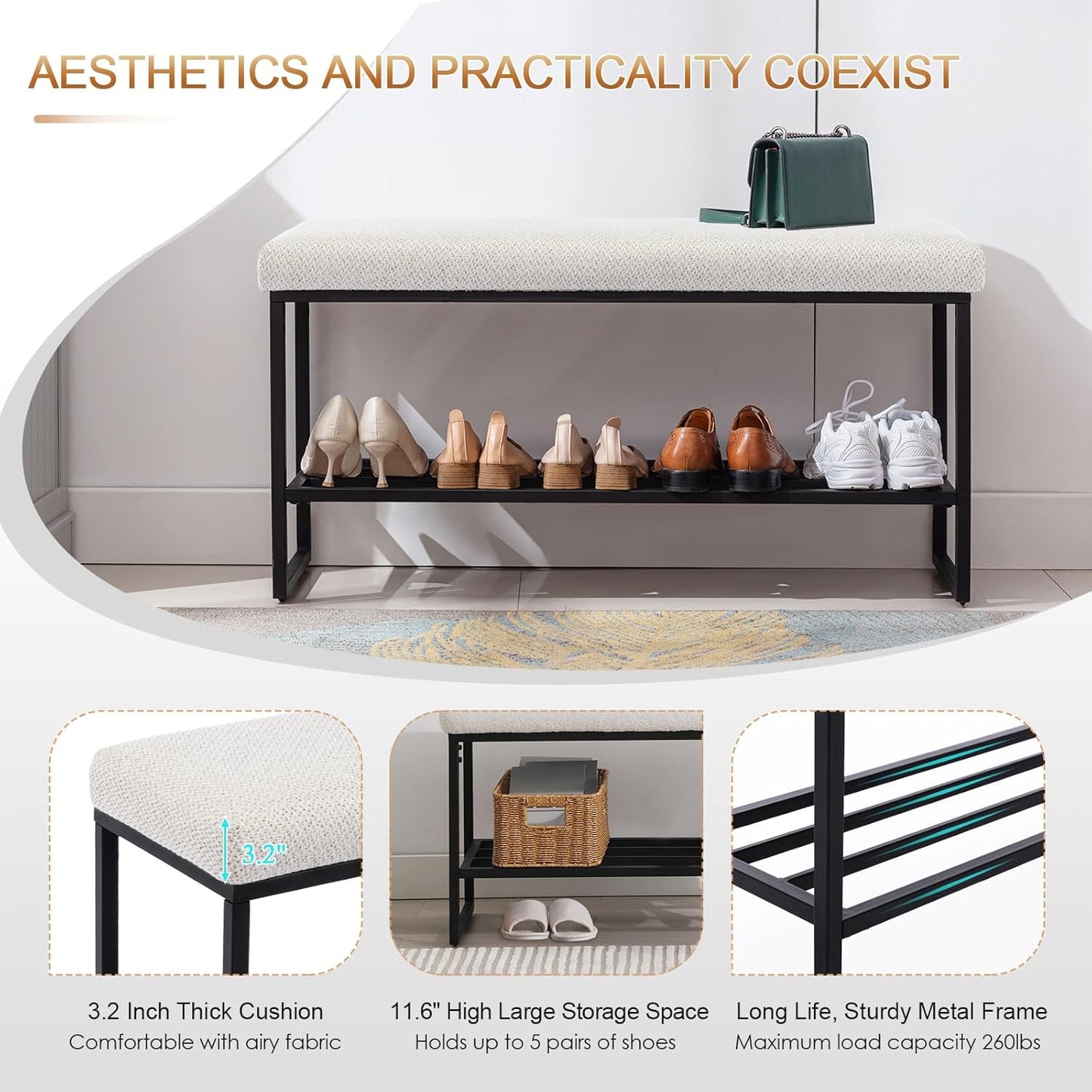 Zesthouse Upholstered Shoe Bench Entryway with Storage, Comfy Line Fabric Bench for Bedroom End of Bed, Metal Shoe Rack for Closet Hallway Doorway Living Room Mudroom, Beige