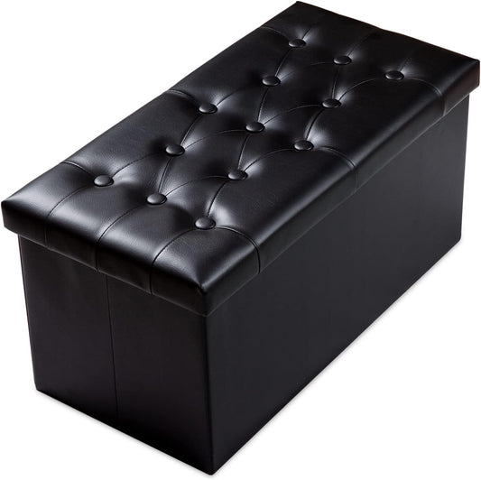 PRANDOM Extra Large Ottoman with Storage [1-Pack] Faux Leather Folding Small Square Foot Stool with Lid for Living Room Bedroom Coffee Table Dorm Black 30.5x15x15 inches