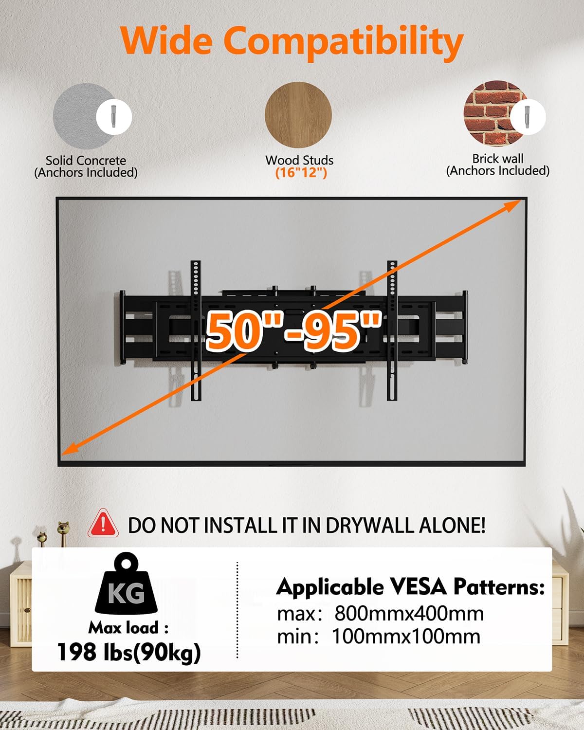 FORGING MOUNT Long Arm TV Wall Mount Swivel Tilt Full Motion Wall Bracket 43 inch Articulating Arm TV Wall Mount,Fits 50 to 90 Inch Flat/Curve TVs,Holds 198Lbs,VESA 600x400mm