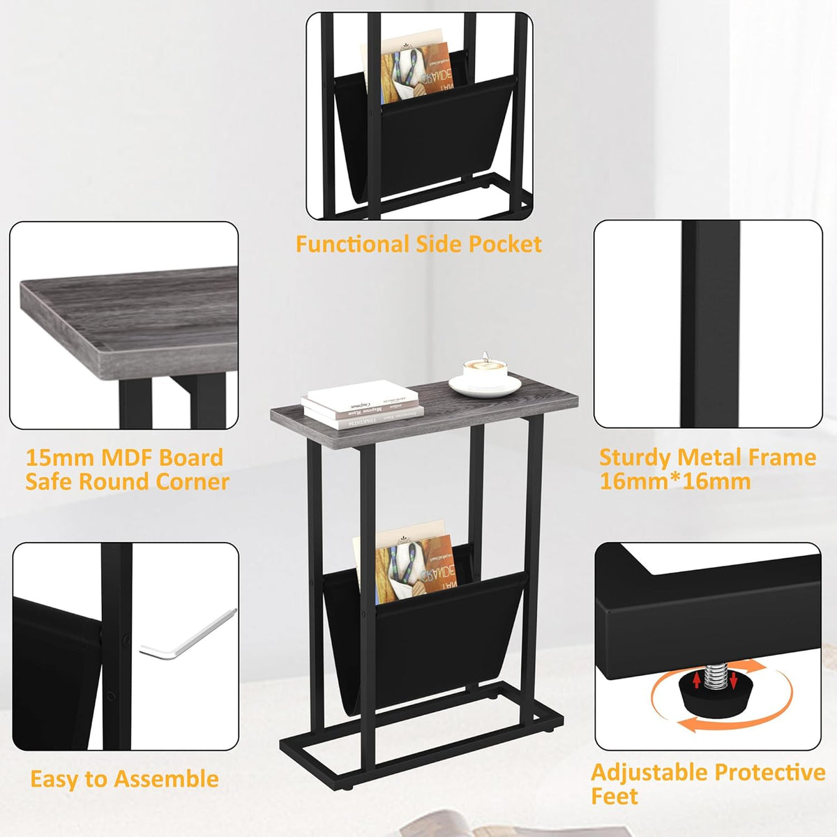 Yusong Narrow Side Table for Small Spaces, Small End Table with Magazine Holder, Skinny Slim Little Thin Table for Living Room, Bedroom, Sofa, Grey Oak