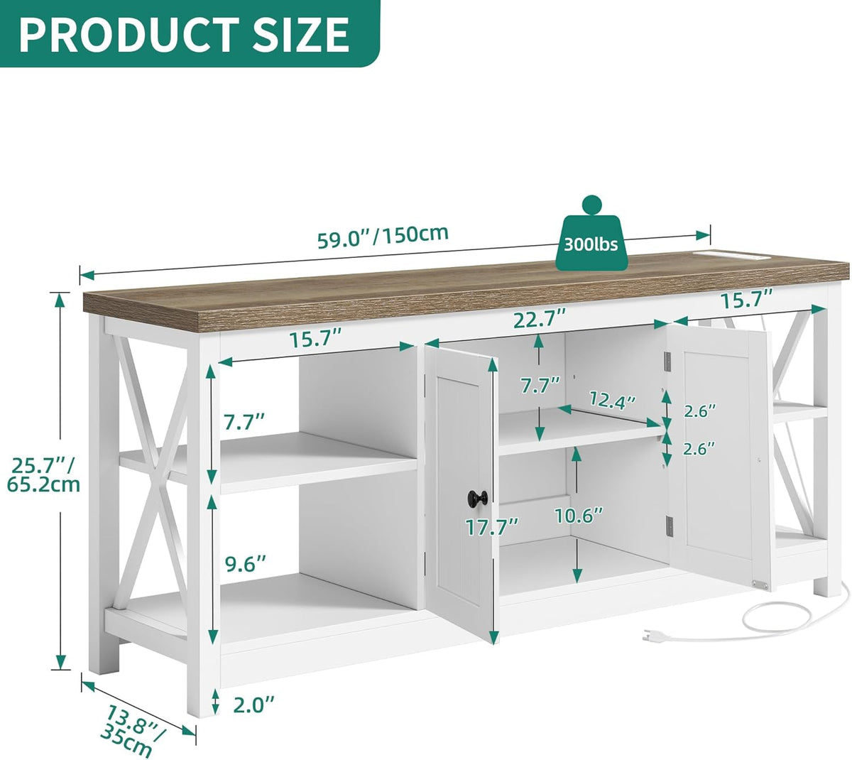 YITAHOME TV Stands for Living Room, Modern Entertainment Center with Power Outlets for Television up to 65 Inch, Farmhouse Media Console TV Cabinet with Adjustable Shelf & Open Shelves, White