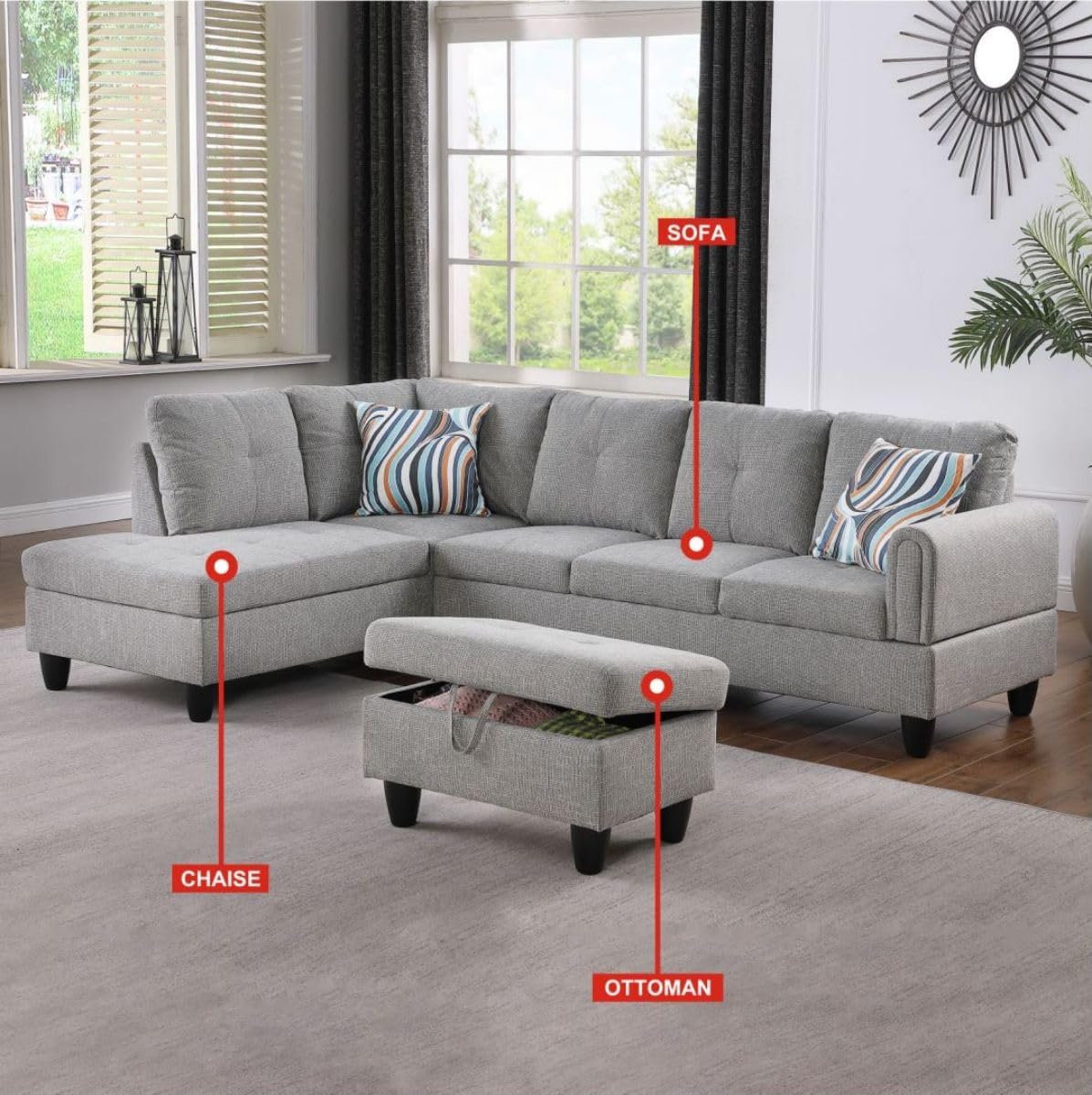 Grey-2 L-Shaped 3-Piece Linen Sofa with Storage Ottoman Set, Sectional Couch Sofa Set for Living Room, Office, Small Space