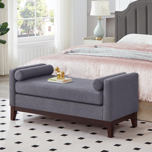 24KF Large Upholstered Boucle Fabric Ottoman with Pillows,Comfort Padded Window Bench for Living Room,Entryway Bench,5095-Dark Gray