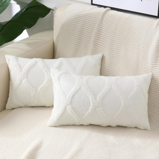 decorUhome Throw Pillow Covers 12x20 Inch Set of 2, Soft Plush Faux Fur Wool Lumbar Cream White Couch Pillow Covers, Decorative Neutral Pillow Cases for Bed Sofa Living Room Home Decor