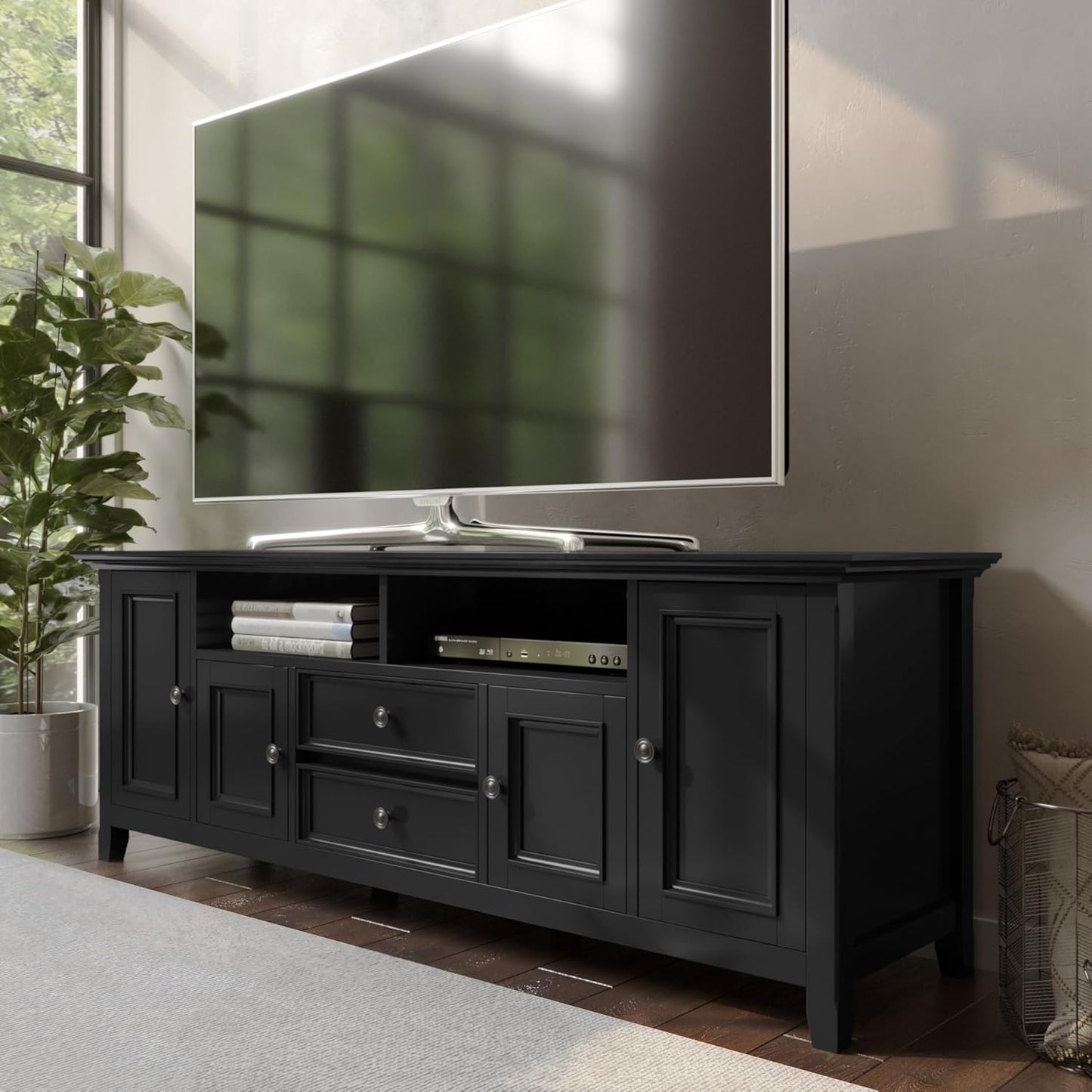 SIMPLIHOME Amherst 72-inch Wide Solid Wood TV Stand in Black, Transitional-Style Media Console for Living Room with Cable Management and Adjustable Shelves, Fits 80" TVs