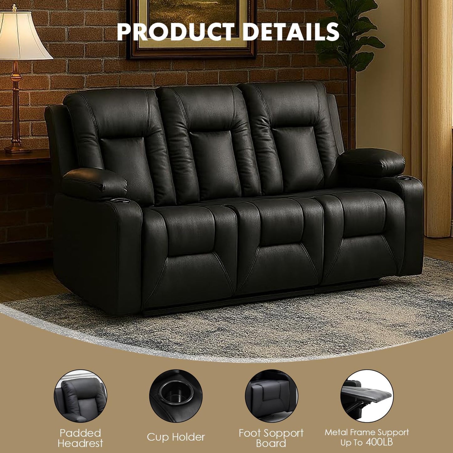 LUCKLIFE Leather Recliner Sofa Set with Manual Recliners,Living Room Furniture Set with Reclining Couch,Loveseat and Armchair,Living Room Chair with Cup Holders,Black (3)