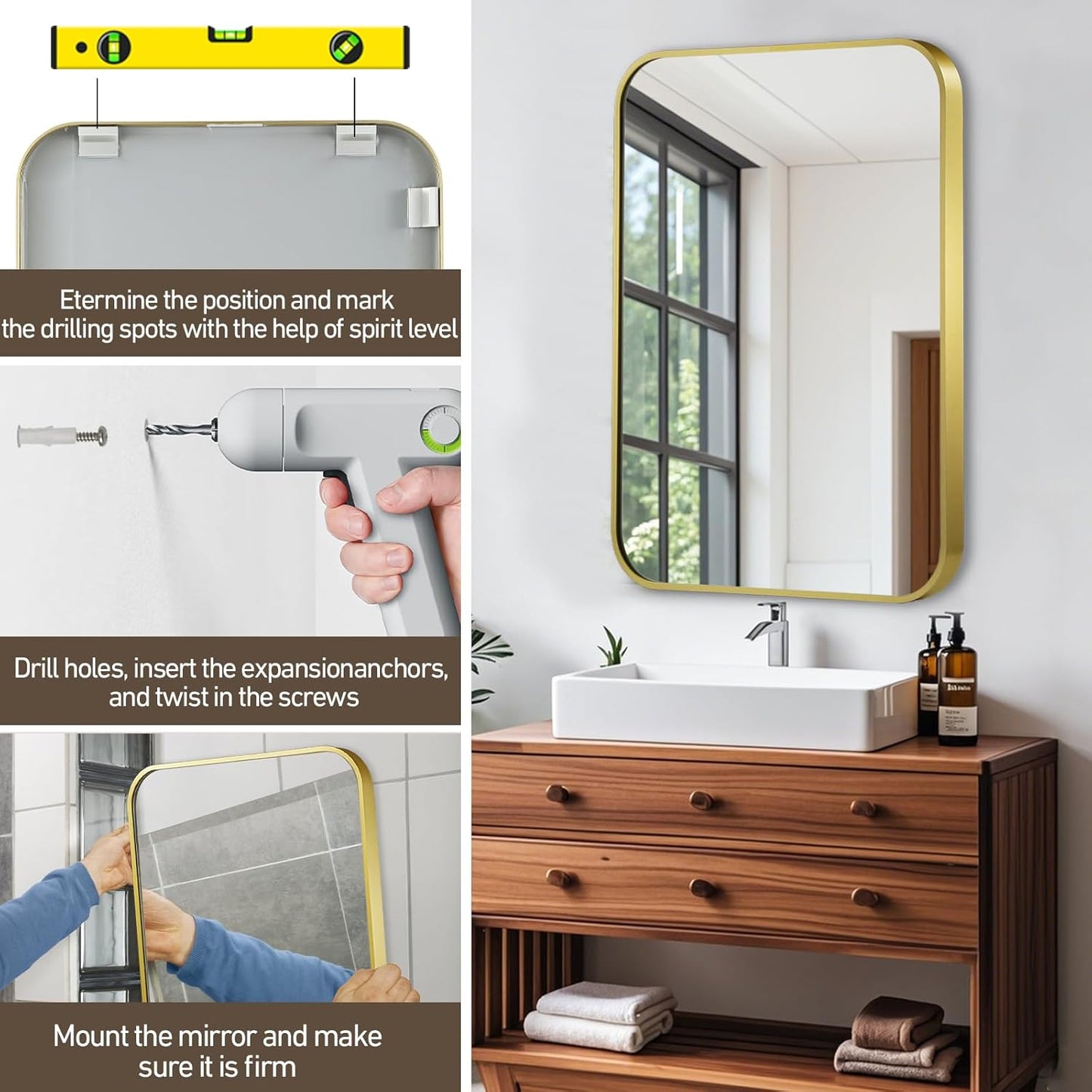 Matte Gold Mirror, 20x30 Inch Brushed Gold Mirror, Aluminum Alloy Framed Vanity Mirror, Rounded Rectangle Bathroom Mirror for Over Sink, Anti-Rust Wall Mirror (Horizontally or Vertically)