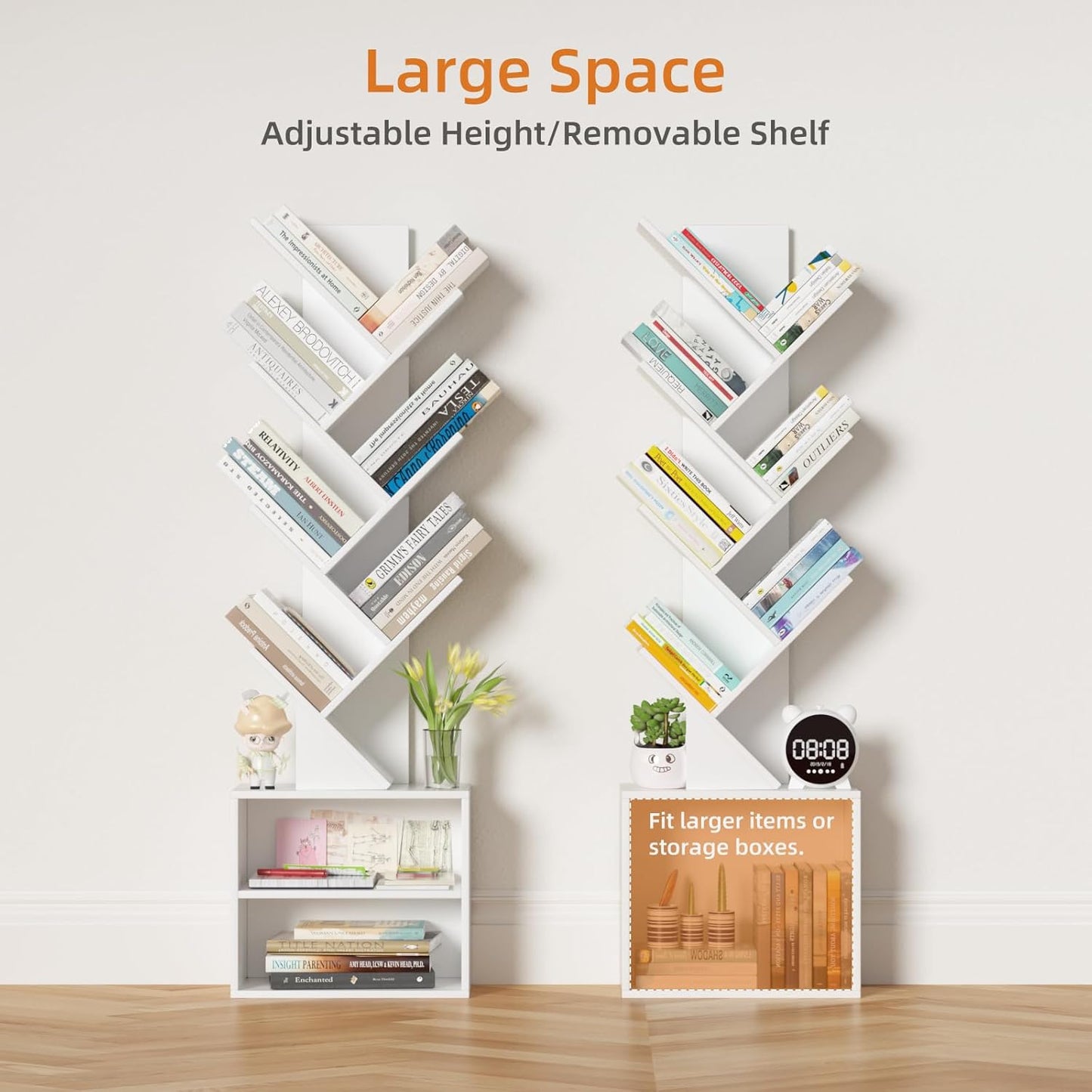 10 Tier Tree Bookshelf,Floor Standing Wood Tall Bookcase for Narrow Space, Storage Organizer Bookshelves for Books, Book Case for CDs/Movies/Books,Home Office,Living Room, Bedroom