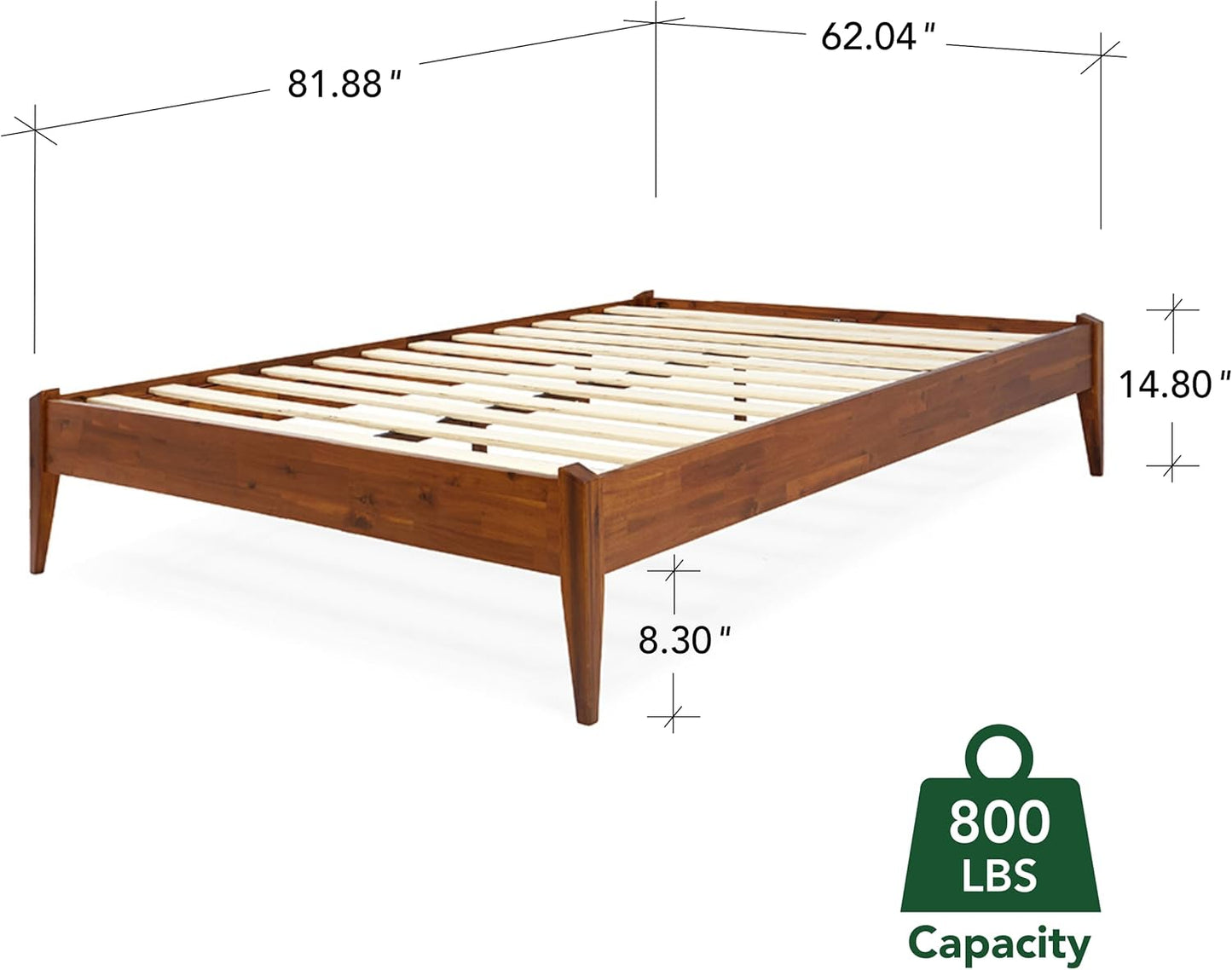 Bme Dinkee Wooden Queen Bed Frame, 15 Inch Height, Elegant Minimalist Modern Design with Japanese Joinery, Durable Wood Slats for Reliable Support, No Box Spring Required, Caramel