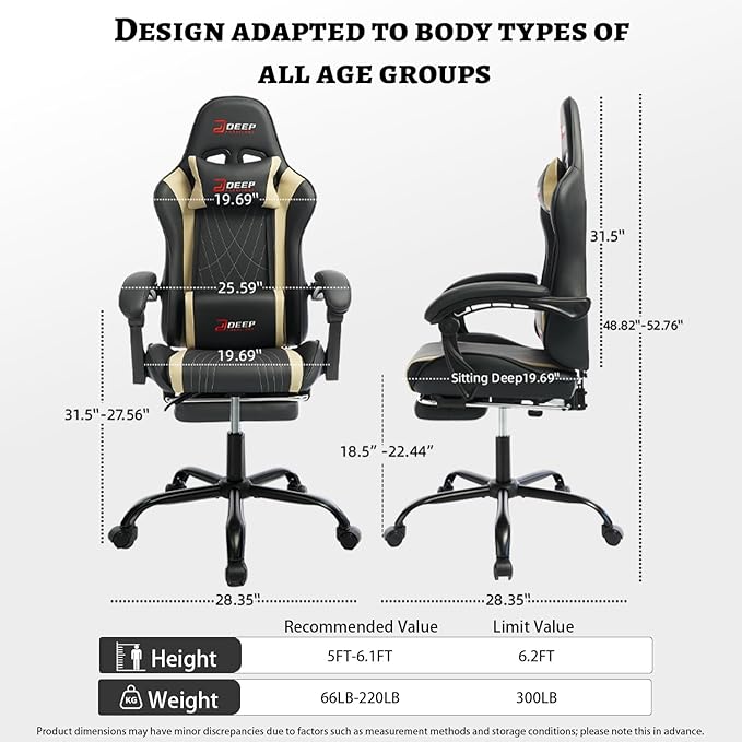 Ergonomic Gaming Chair with Footrest and Lumbar Massage, Racing Office Chair, High Back Computer Desk Chair with Headrest Pillow for Adults, Video Game Chair for PC Gamer (1001-Beige)