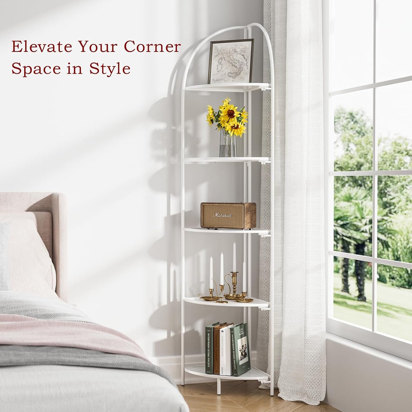 Crofy Foldable 5 Tier Corner Shelf, Metal Corner Plant Stand with White Frame and White Shelves, Corner Display Rack Multipurpose Shelving Unit for Living Room, Bedroom, Bathroom