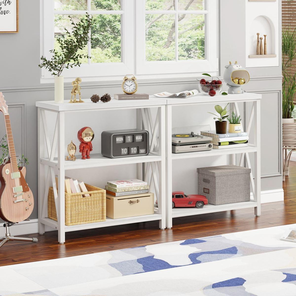 FATORRI Small Bookshelf for Small Space, Short Rustic Low Bookcase, Modern Wood and Metal Book Shelf and Narrow Book Case for Living Room, Hallway (White Oak)