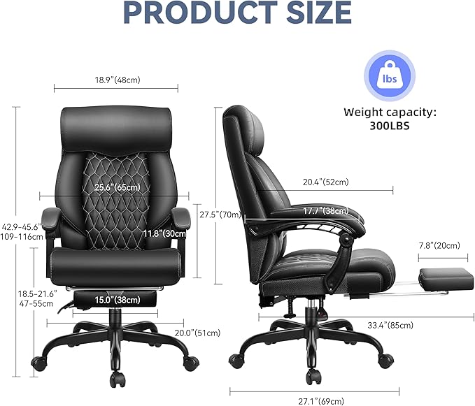 Office Chair, Big and Tall Office Desk Chair, Reclining Office Chair with Footrest Home Office Desk Chairs, High Back Ergonomic with Lumbar Support, Executive Leather