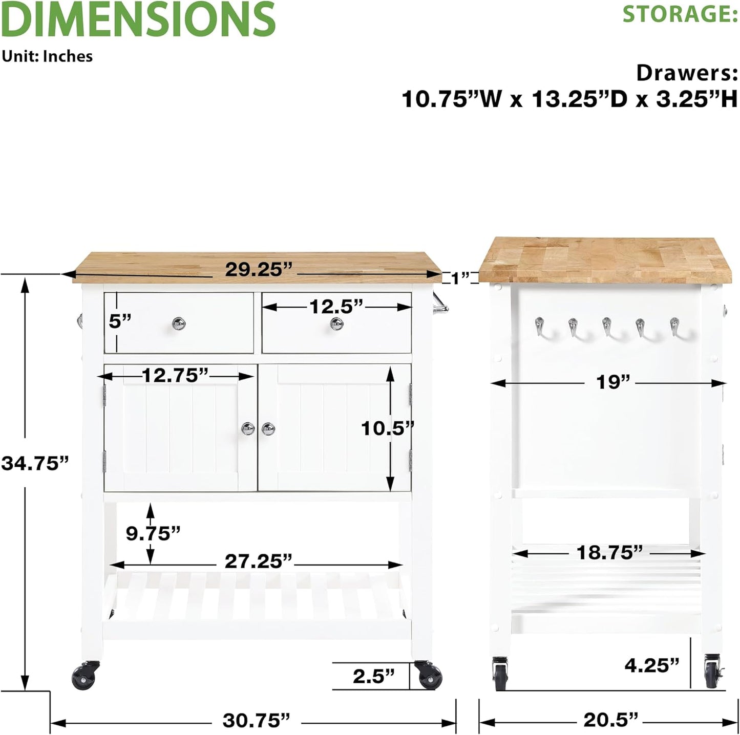 OSP Home Furnishings Stirling Farmhouse Kitchen Cart, Rolling Storage Cabinet with Drawers, Shelf, 5 Utility Hooks, White with Wood Top