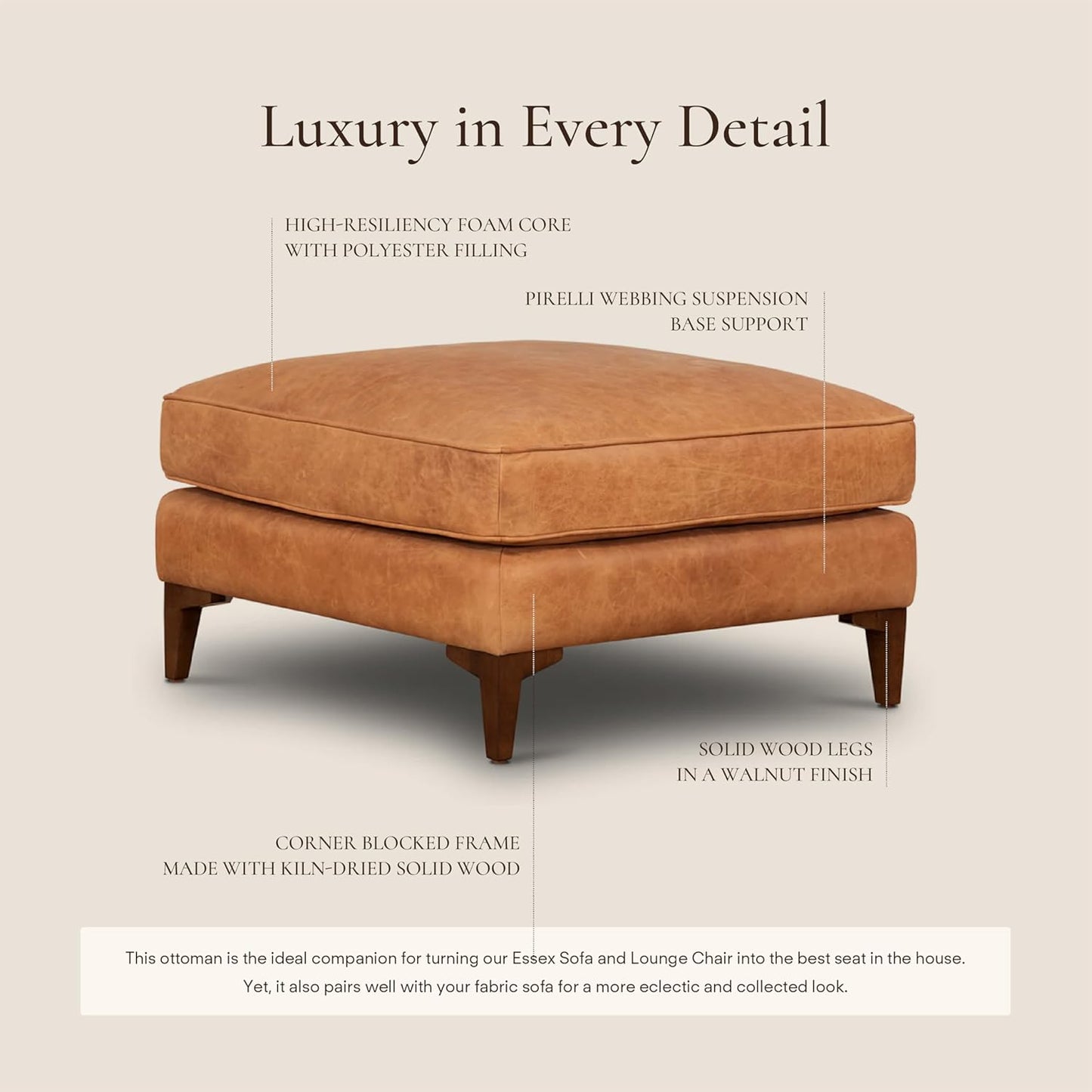 POLY & BARK Essex Ottoman - 35” Large with Feather-Down Topper - Full-Grain Leather Upholstered Ottoman - Couch for Living Room - Vintage Italian Leather in Cognac Tan