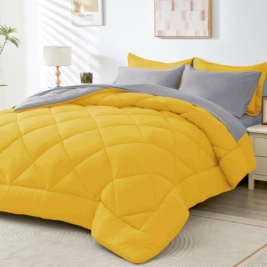 HEVUMYI Full Comforter Set - 7-Piece All Season Bed in a Bag Full, Ultra Soft Bedding Set with Comforter, Flat Sheet, Fitted Sheet, Pillowcases, Pillow Shams, Yellow & Light Grey