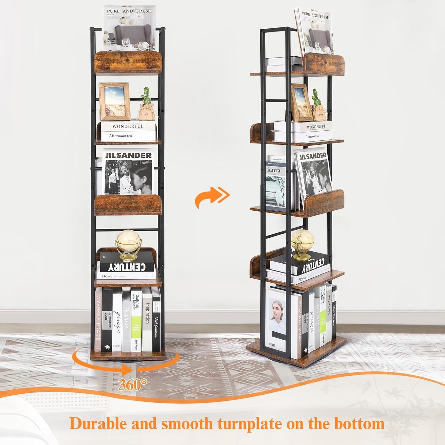 Bikoney Rotating Bookshelf, 360 Display Spinning Bookshelf Tower, 5-Tier Narrow Bookcase, Tall Industrial Book Shelf Organizer, Small Corner Book Shelves for Living Room, Black
