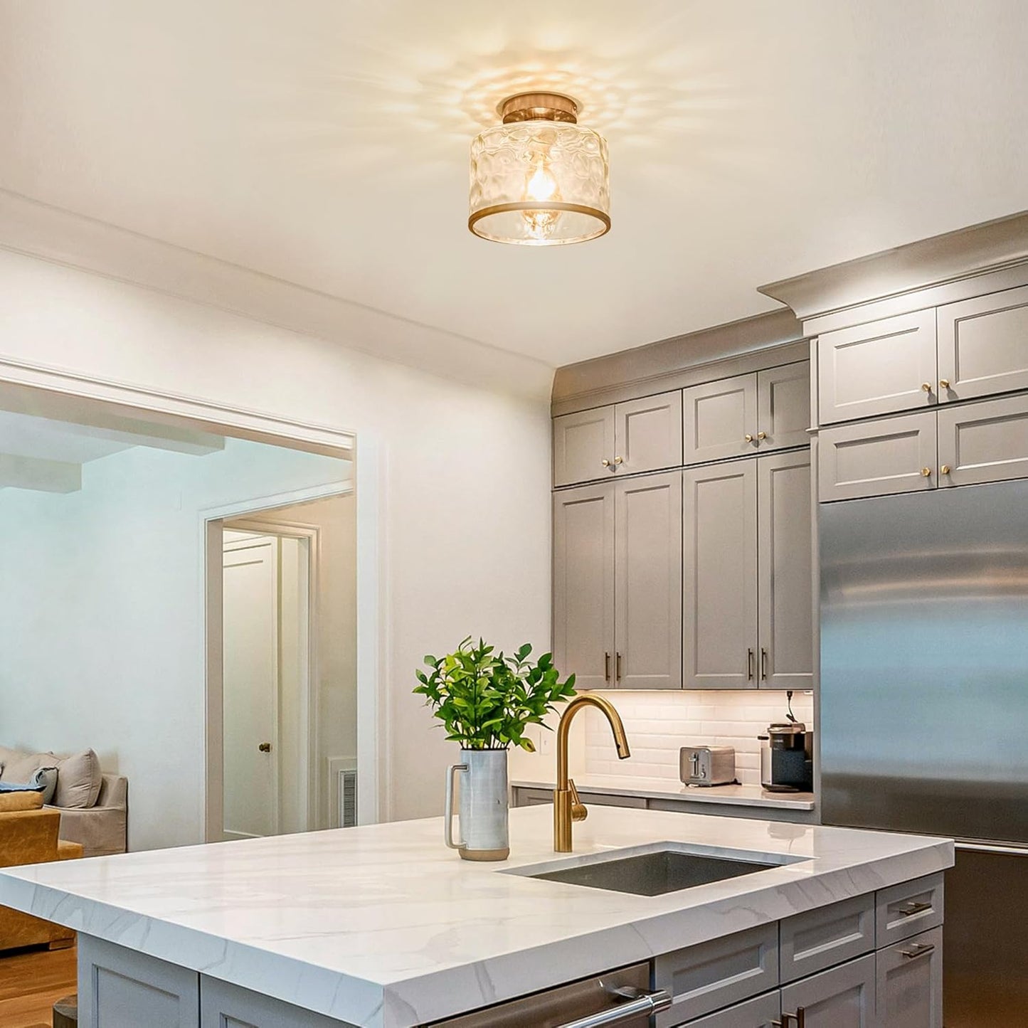 Modern Semi Flush Mount Ceiling Light with Industrial Clear Hammered Glass Lampshade, Farmhouse Ceiling Lights fixtures in Satin Nickel for Hallway Kitchen Bathroom Bedroom