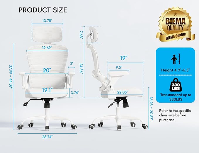 TRALT Office Chair - Ergonomic Office Chair with Back Support, Computer Chair - Home Office Desk Chairs, 330lbs Wide Seat Big and Tall Office Chairs with Headrest, Comfy Desk Chairs (White)
