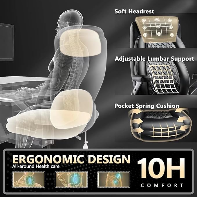 700LBS Large Heavy Duty Office Chair with 5D Flip Arms, Comfy Big and Tall Executive Office Desk Chair with Pocket Spring Cushion, High Back Computer Chair with Lumbar Support,Dual Rubber Wheel