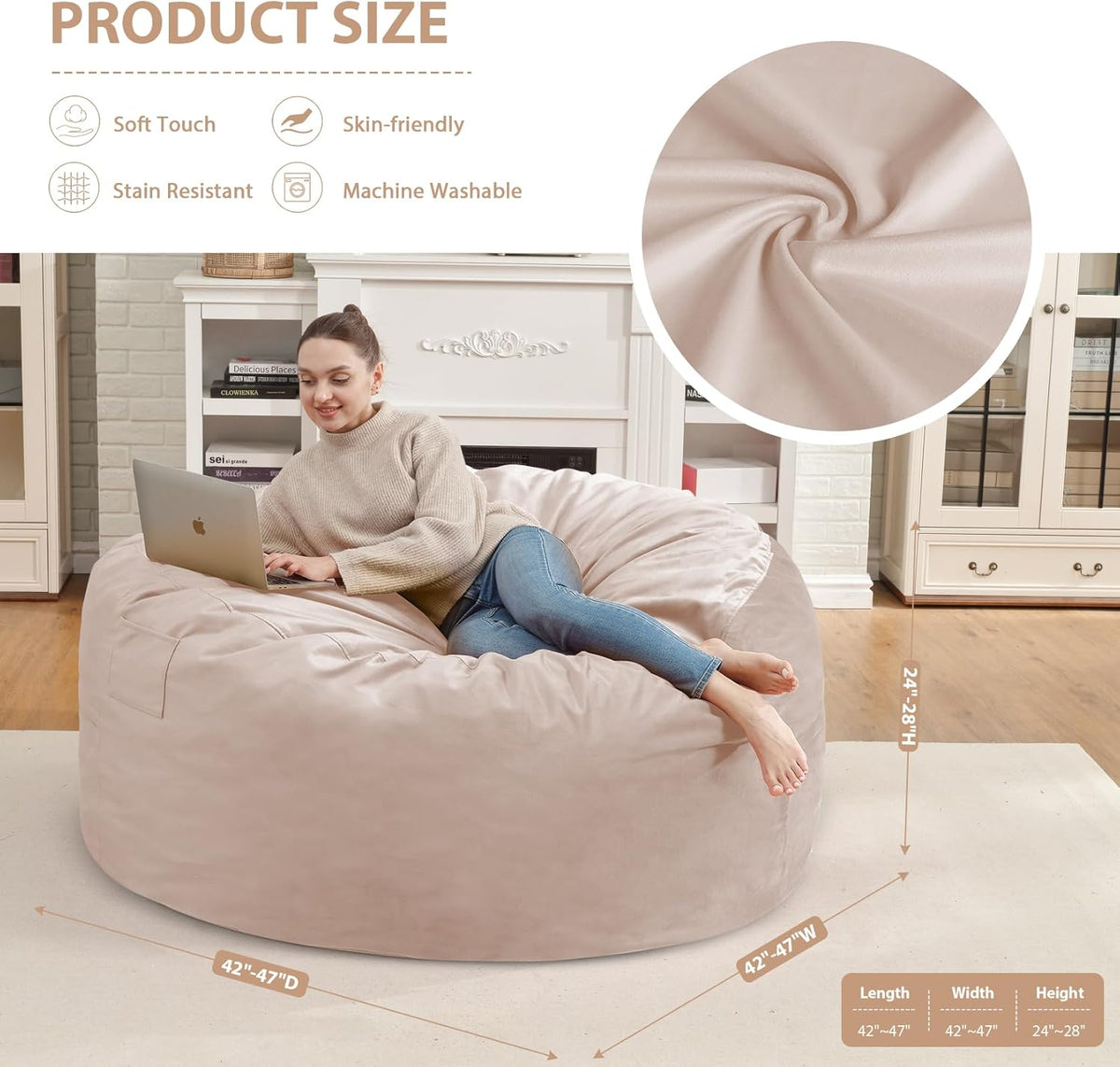4FT Bean Bag Chair, Large Bean Bag Chairs with Memory Foam Filled, Fluffy Beanbag Sofa with Dutch Velvet Cover, Round BeanBag Chairs for Living Room, Playroom - Beige