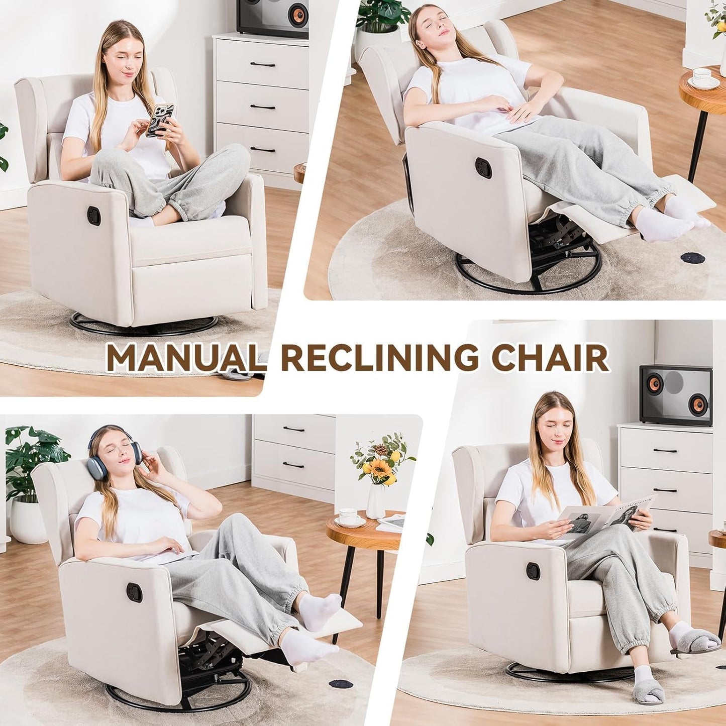 COMHOMA Rocking Recliner Chair,Swivel Glider Reclining Single Sofa Manual Rocker Recliners,Nursery Rocking Chairs with Upholstered Seating for Living Room Office(Beige)