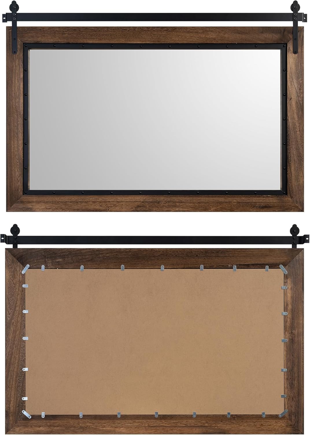 YOSHOOT Farmhouse Barn Door Mirror, 48"x30" Rustic Bathroom Mirror, Wood Frame Wall Mirror, Wooden Mirror for Living Room Bedroom Entryway Wall Décor, Horizontal Hanging ONLY