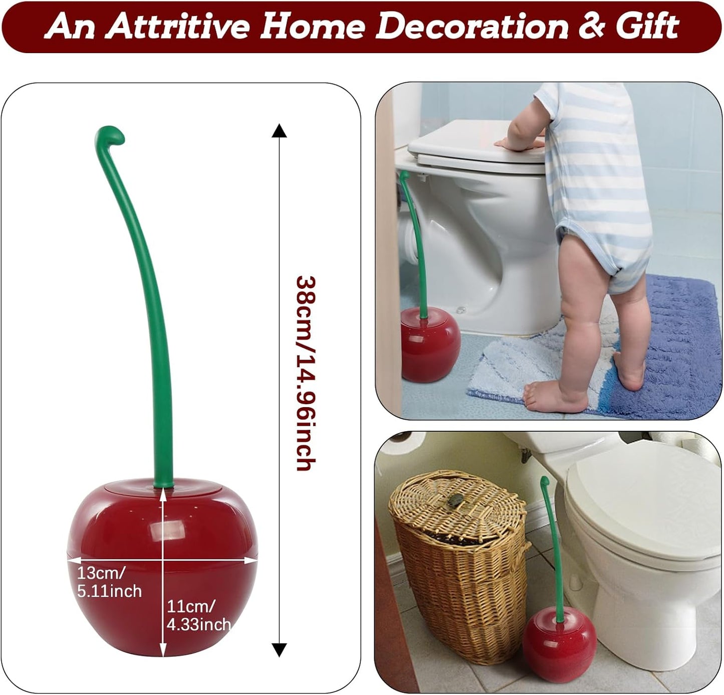 Creative Toilet Brush with Holder Bowl&Long Handle, Household Bathroom Cleaning Tool Cleaner and Base for Storage&Organization, Thick Bristle for Deep Clean-Rust Resistant Leakproof-Red Cherry Shape