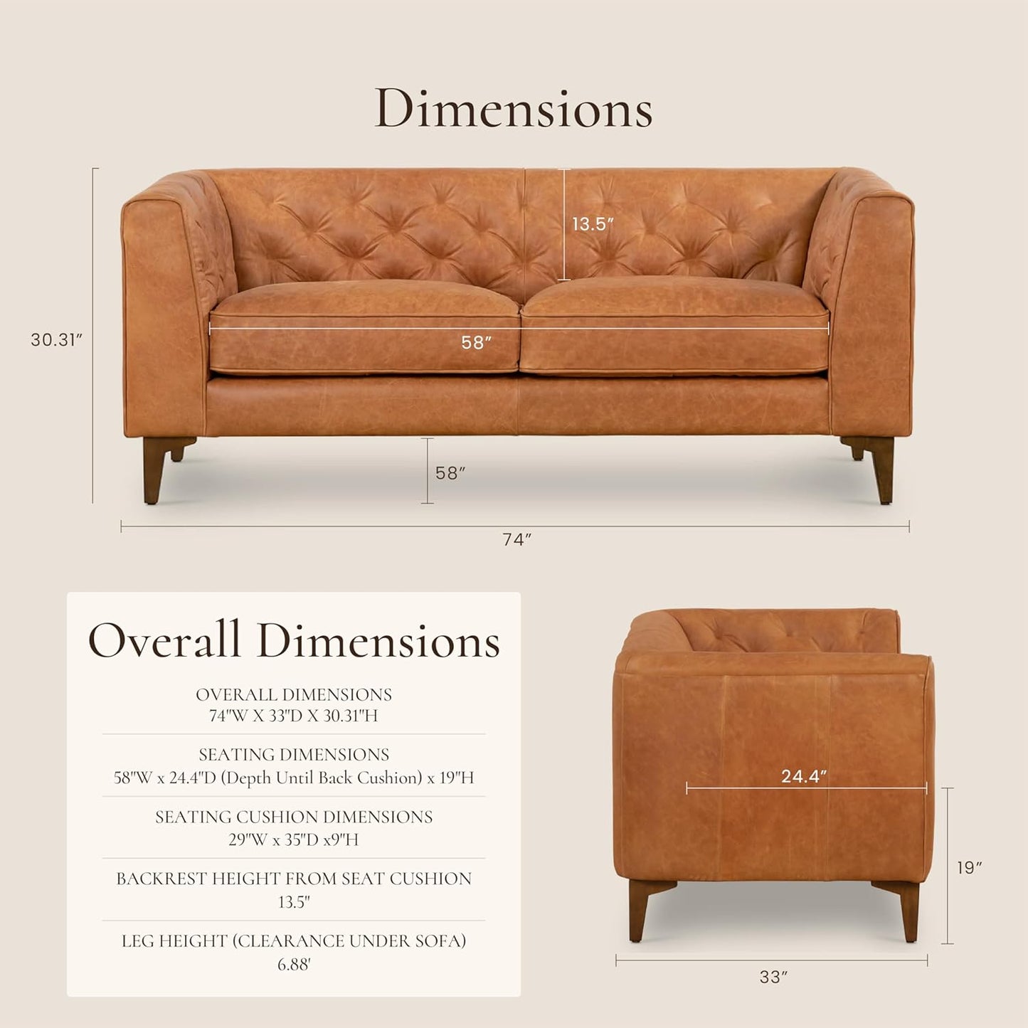 POLY & BARK 74” Essex Apartment Leather Couch - Apartment Sofa with Tufted Back - Full-Grain Leather Sofa for Living Room with Feather-Down Topper - Vintage Italian Leather in Cognac Tan