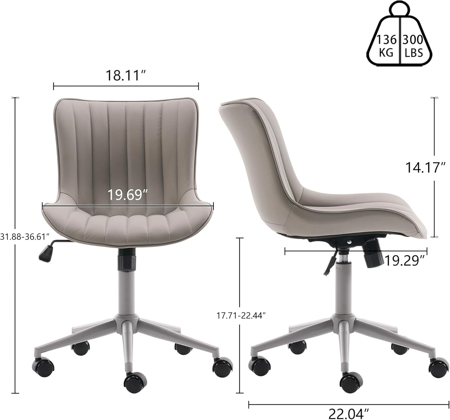 YOUNIKE Home Office Desk Chair with Wheels Armless Vanity Chair with Back Comfy Modern Leather Upholstered Rolling Task Chair Swivel Small Cute Sewing Chair No Arms Wide Adjustable Ergonomic Grey