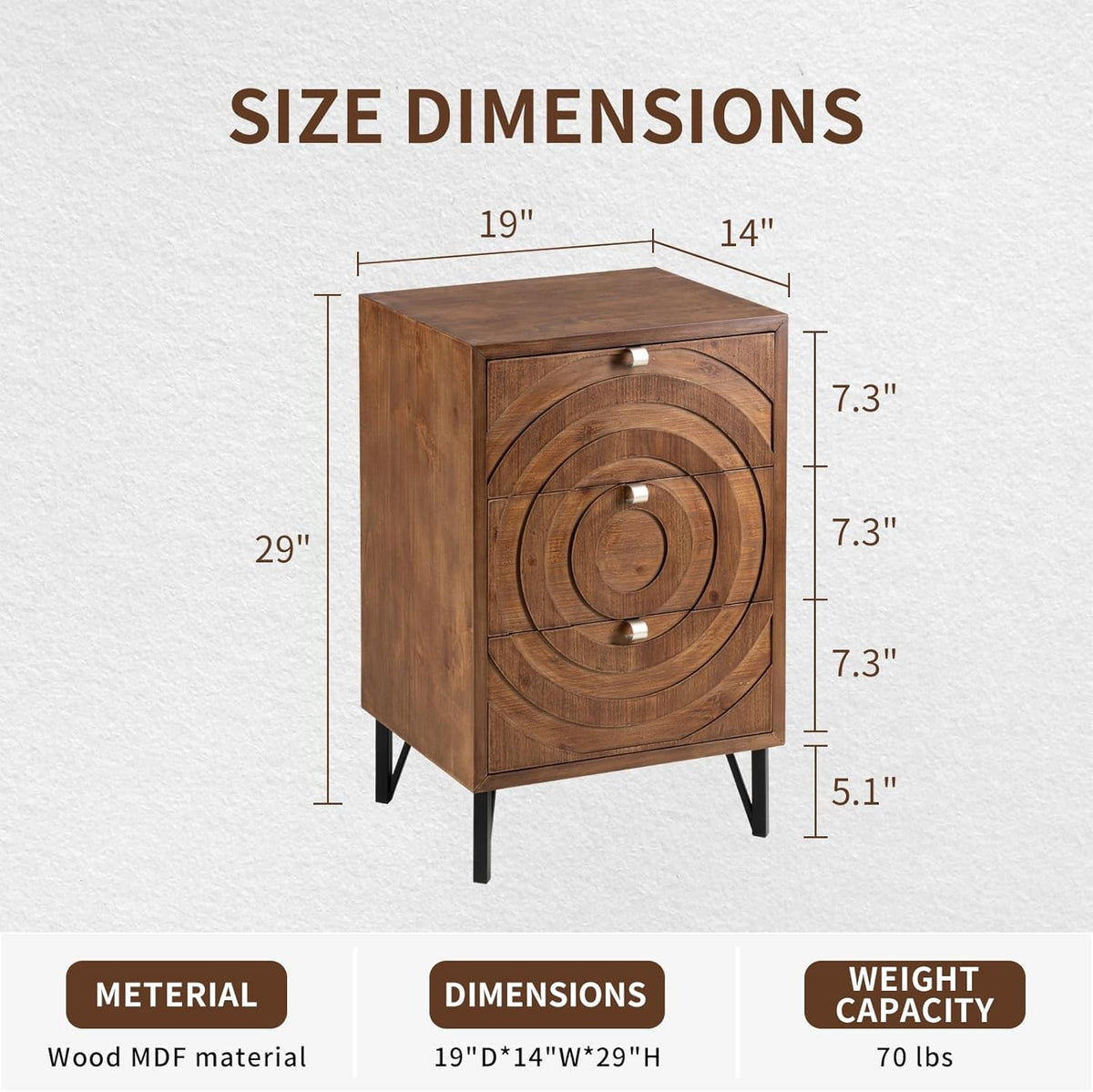 COSIEST Nightstand, Rustic End Table with 3 Drawers, Vintage Wood Bedside Table with Strudy Legs, Modern Side Table Accent Nightstand for Bedroom, Living Room