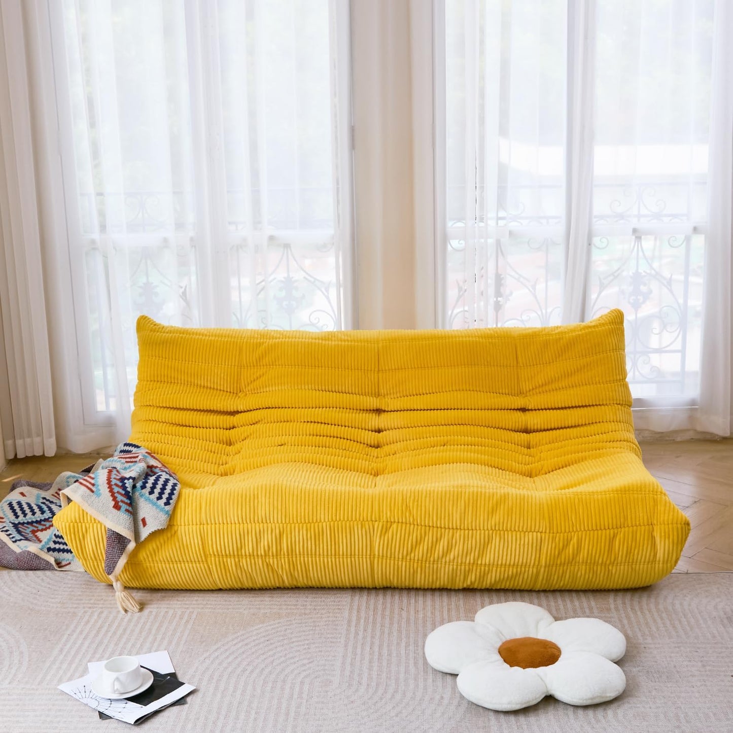 N&V Fireside Three Seater Sofa, Mid Century Armless Twin Size Floor Sofa, Soft Premium Corduroy Floor Lounge Chair, Foam Sofa Accent Chair for Living Room, Bedroom (Tuscany)