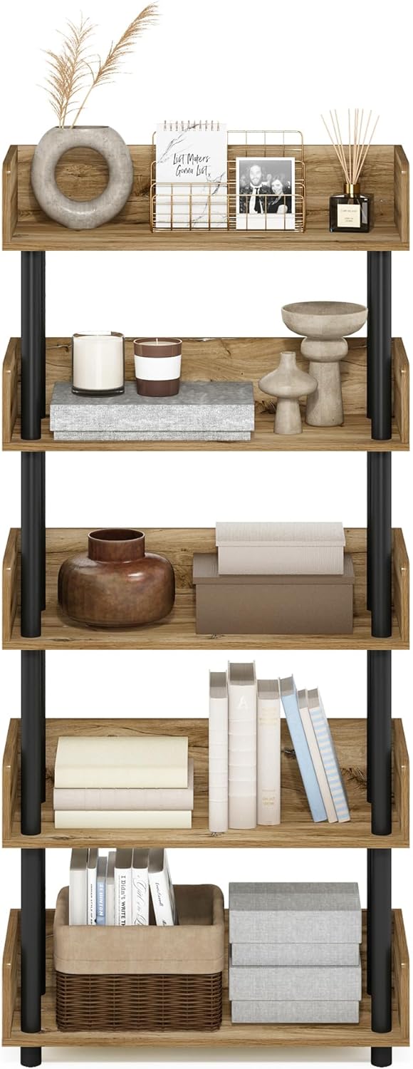 Furinno Turn-N-Tube 5-Tier Multipurposes Display Rack, Open Shelf Rack/Storage with back & side panel, Flagstaff Oak/Black