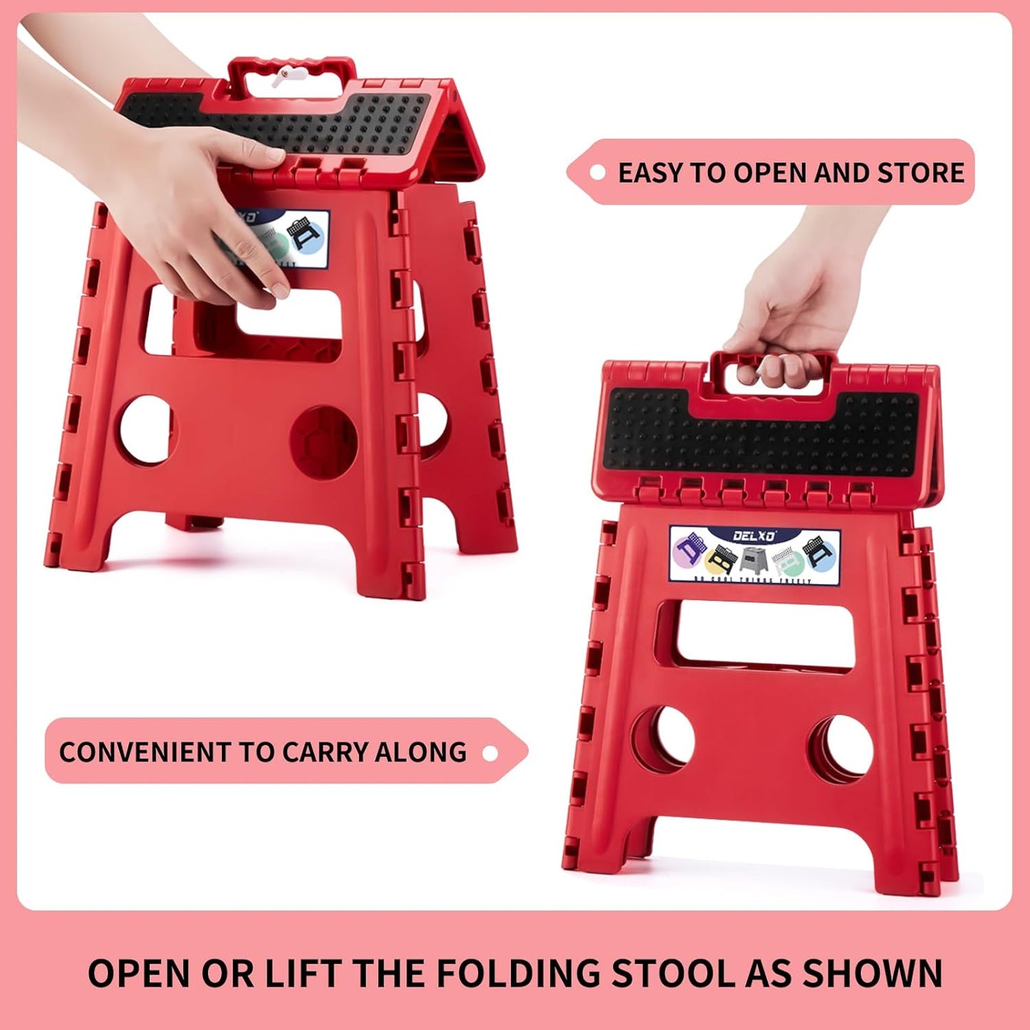 Delxo Folding Step Stool,Non-Slip Stool 13 inch Height Premium Heavy Duty Foldable Stool,Kitchen Garden Bathroom Steppingstool 1 Pack in Red,Dotted Texture