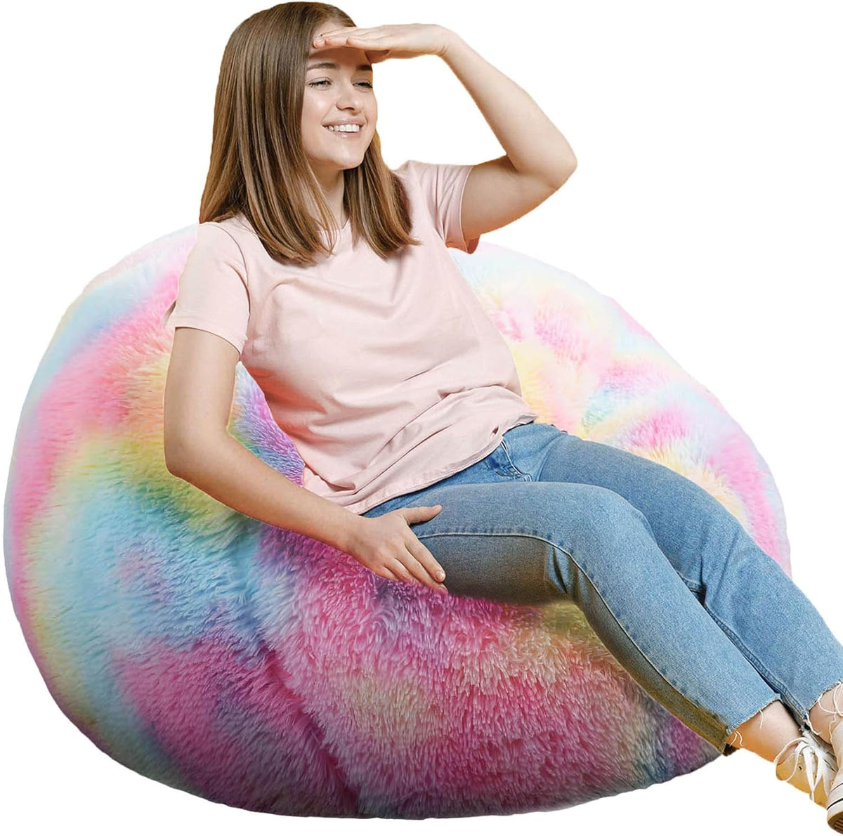Fluffy Bean Bag Chair, 3FT Round Memory Foam Filled Bean Bag for Teens & Kids, Ultra Soft Faux Fur Fabric Bean Bag Chairs for Playroom, Living Room, Bedroom, Rainbow