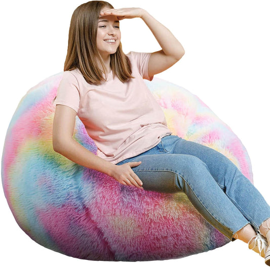 Fluffy Bean Bag Chair, 3FT Round Memory Foam Filled Bean Bag for Teens & Kids, Ultra Soft Faux Fur Fabric Bean Bag Chairs for Playroom, Living Room, Bedroom, Rainbow
