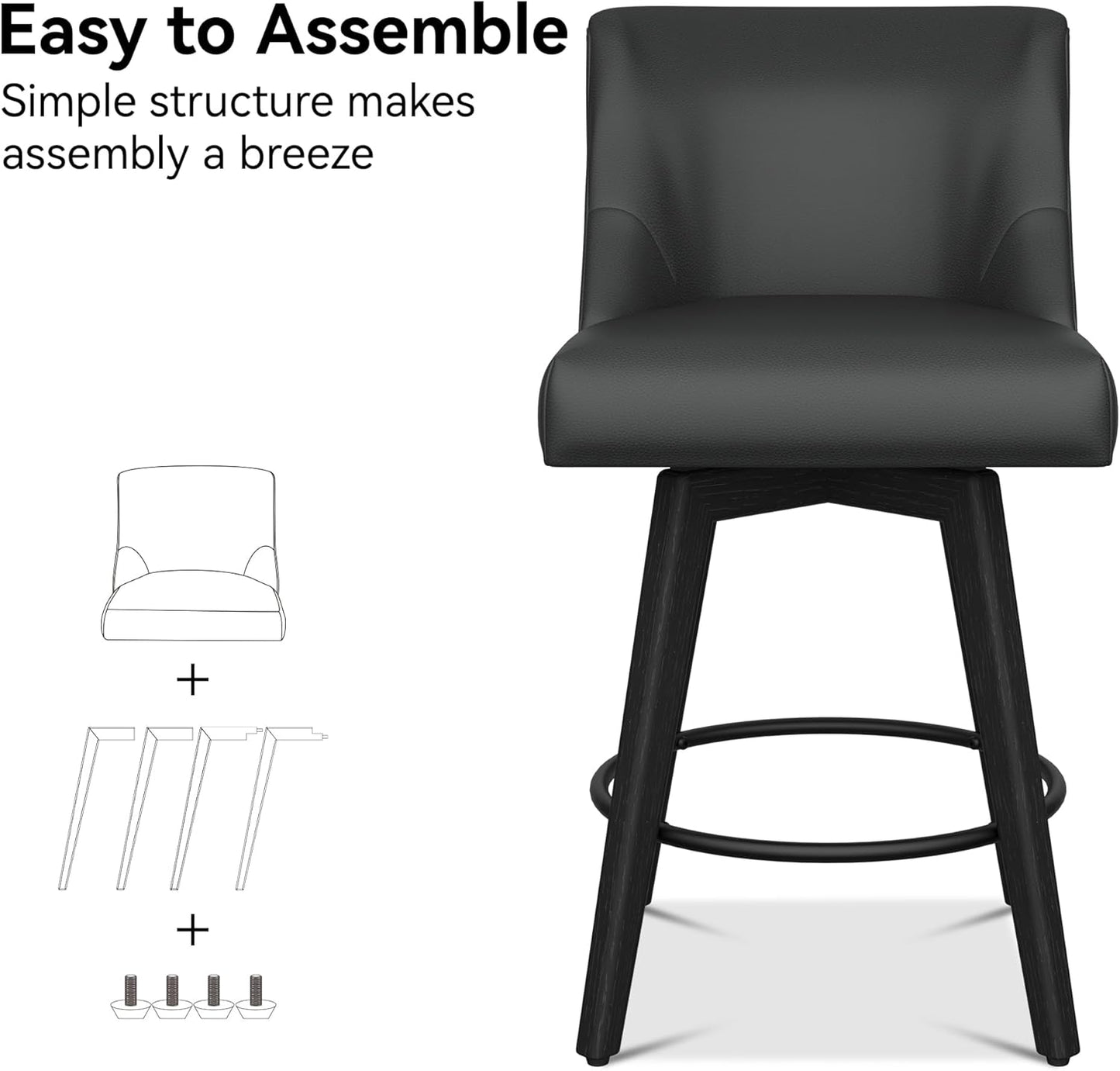 Counter Height Bar Stools Set of 8, Modern Swivel Barstools with Back and Wood Legs, Faux Leather Upholstered Bar Chairs, 26" H Kitchen Counter Stools, Kitchen Island Home Bar, Black Grey