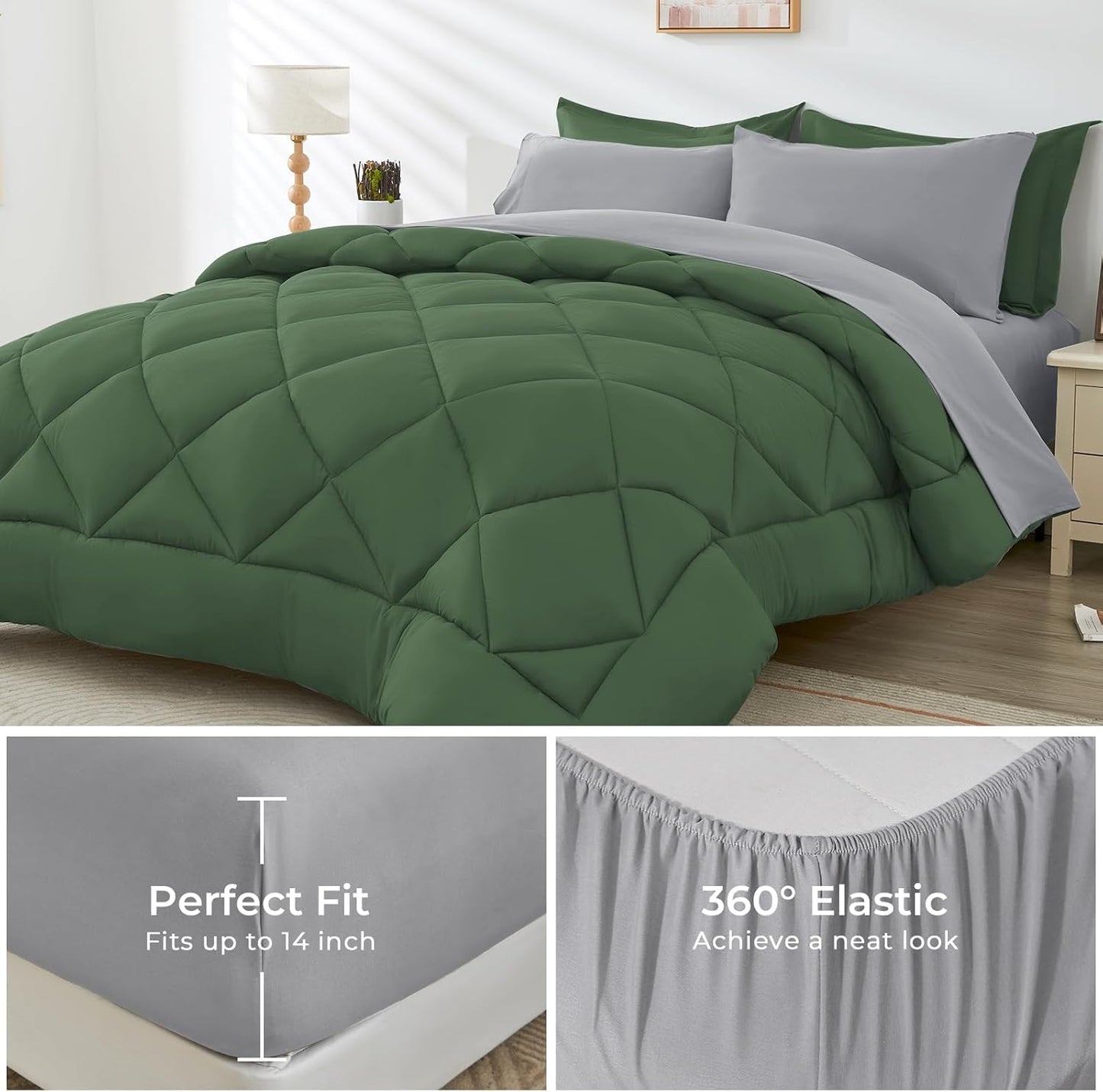 HEVUMYI King Comforter Set - 7-Piece All Season Bed in a Bag King, Ultra Soft Bedding Set with Comforter, Flat Sheet, Fitted Sheet, Pillowcases, Pillow Shams, Green & Light Grey